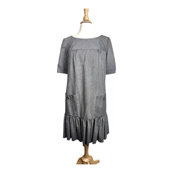 Trina Turk Shift Dress 10 Knit Wool Blend Gray Gold Pockets Ruffle Pleat USA - Picture 1 of 9